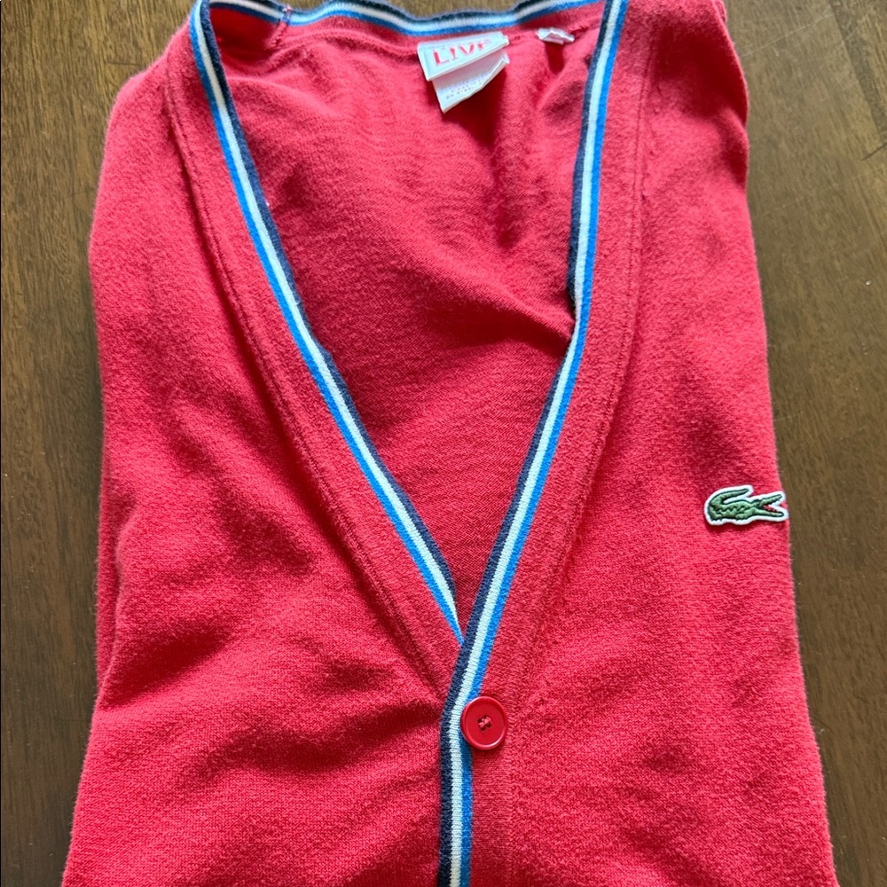 Lacoste Vibrant Red Cardigan with Blue Accents
